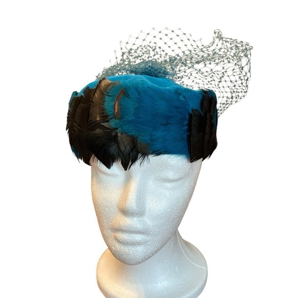 Vintage 1960s F W Woolworth Teal Blue Velvet Black Feather Pillbox Hat Veil